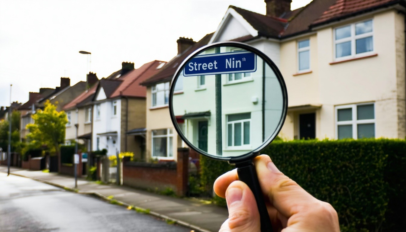 magnifying glass looking at street sign in row of houses