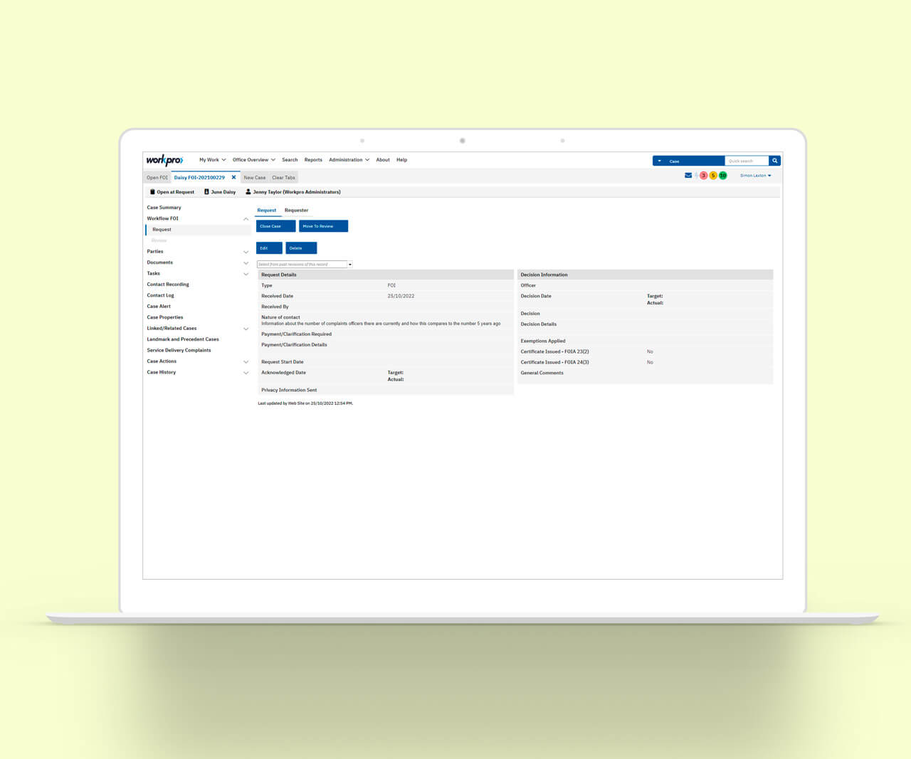 An example of a case at Workpro FOI/SAR Solution