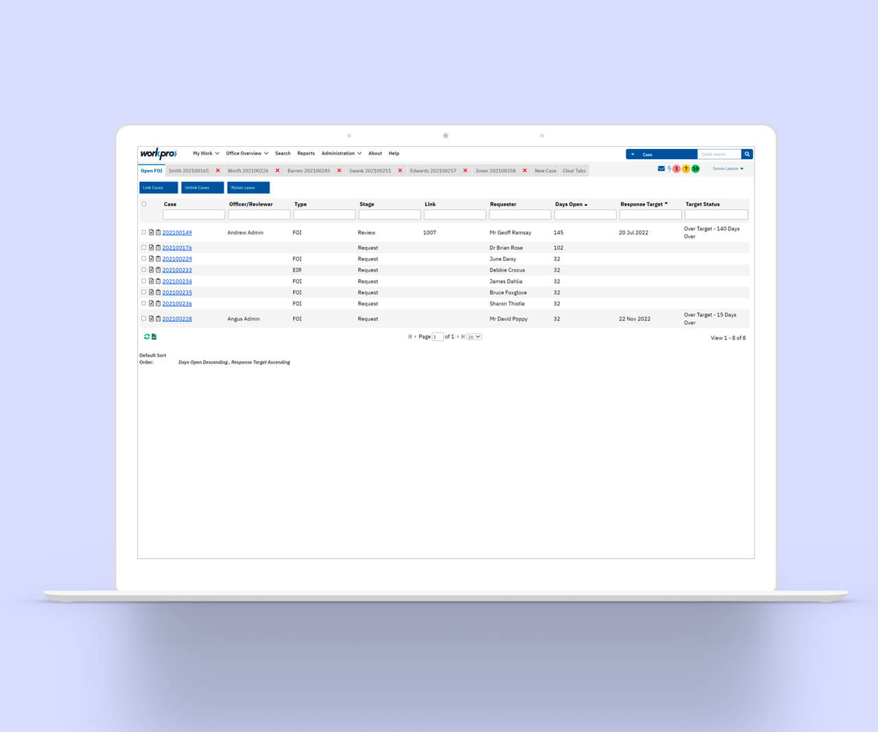 An example of cases grids at Workpro FOI/SAR Solution